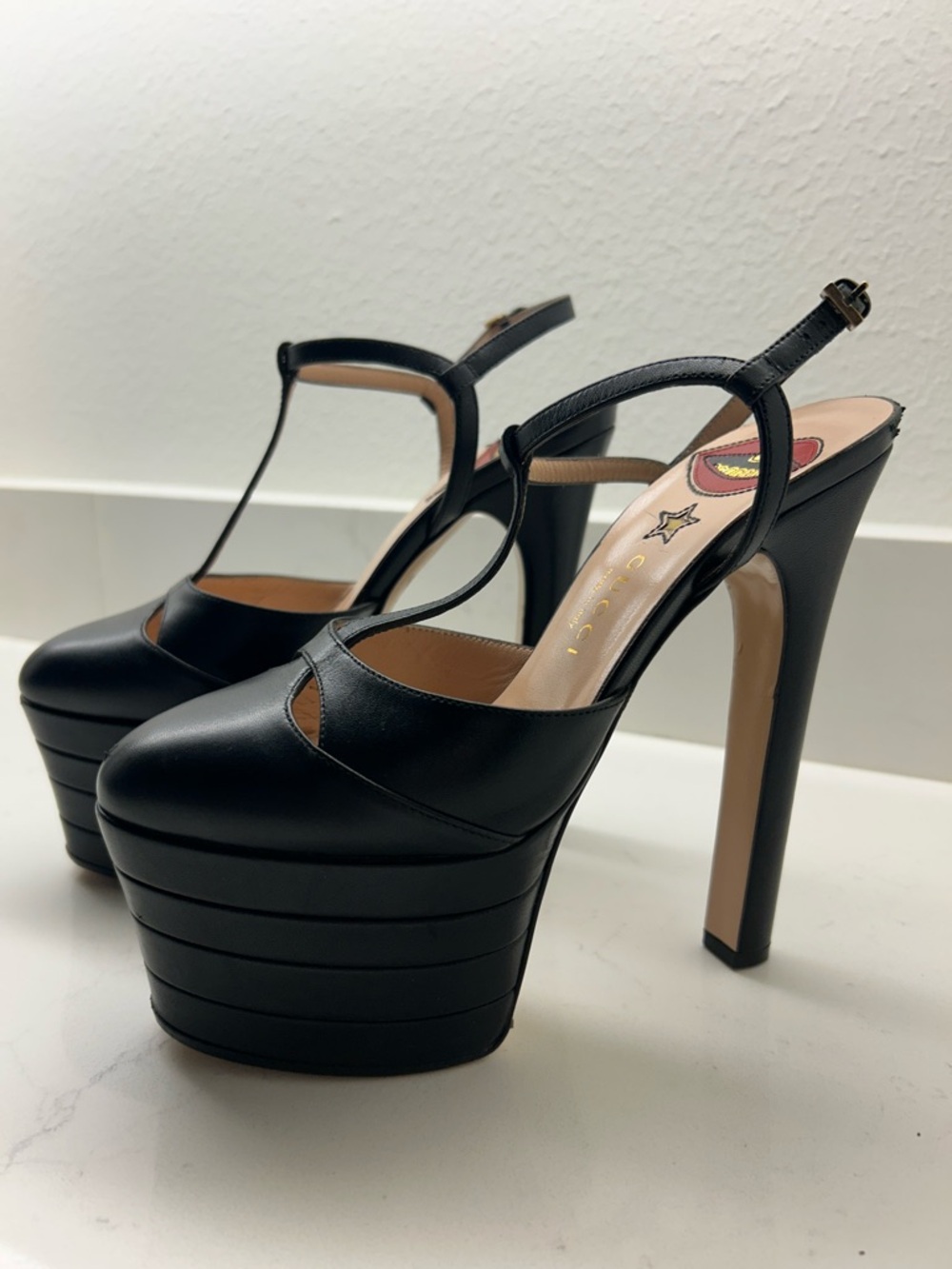 Gucci Angel Black Leather Platform T-Strap Pumps with Red Insole Lip Detail